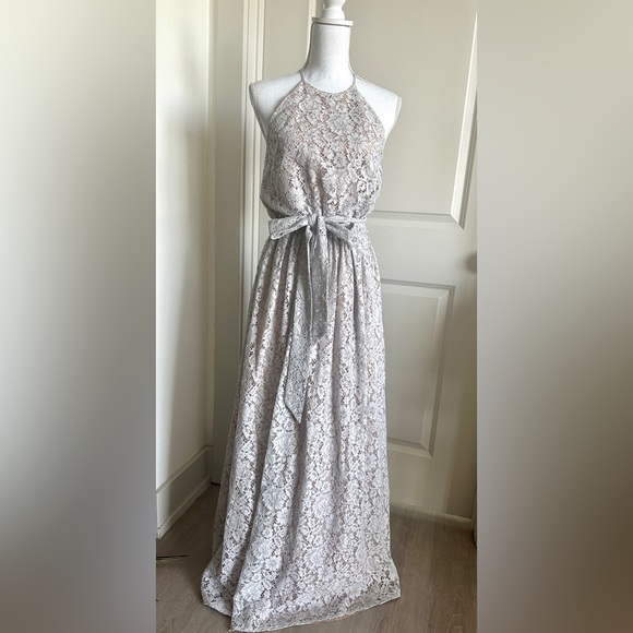 Anthropologie- Donna Morgan Blue Gray Lace Maxi Dress - Picture 5 of 6